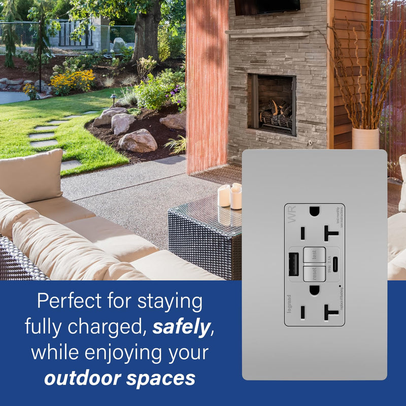 Legrand Pass & Seymour Radiant 20 Amp Hospital-Grade GFCI Wall Power Outlet with 2.0 Amp USB Charger, Gray