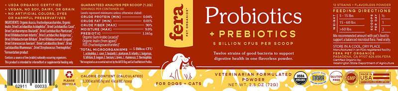 FERA Probiotics for Dogs and Cats - USDA Organic Certified - Advanced Max-Strength Vet Formulated - All Natural Probiotics Powder - Made in The USA - 5 Billion CFUs Per Scoop (Packaging May Vary) - PawsPlanet Australia