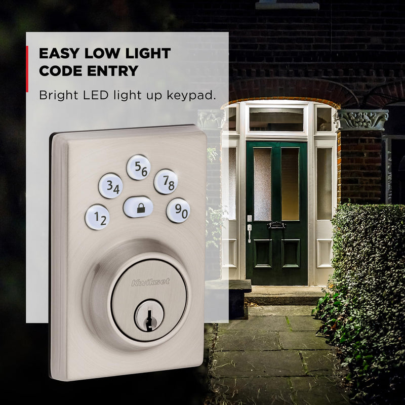 Kwikset Powerbolt 240 5-Button Keypad Satin Nickel Contemporary Electronic Deadbolt Door Lock, Featuring Convenient Keyless Entry, Customizable User Codes and Auto-Locking