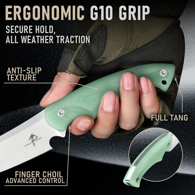 Purple Dragon Hunting Knife with Sheath - D2 Steel Fixed Blade Knife with Ergonomic G10 Handle - Full Tang Survival Knives for Bushcraft, Hiking - Gift Idea for Dad Men - Jade Green