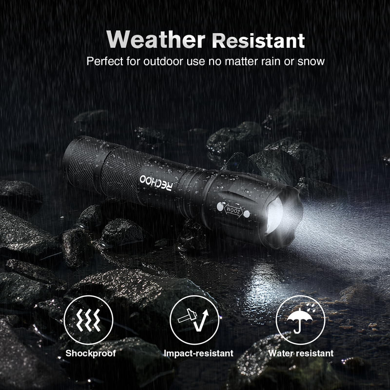 RECHOO 6Pack LED Flashlight, Bright Small Flashlights High Lumens with 3 Modes, Pocket Mini Flashlight Battery Powered, Flash Light Adjustable Focus, Waterproof Flashlights for Home Emergency Camping Black 6 Pack