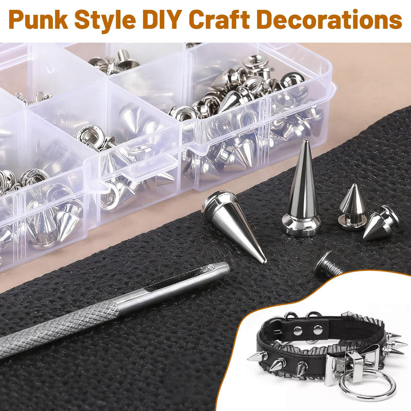 364 Pcs Punk Spikes and Studs Kit, 8 Sizes Metal Cone Spikes and Studs Rivets for Clothing Leathercraft DIY Craft