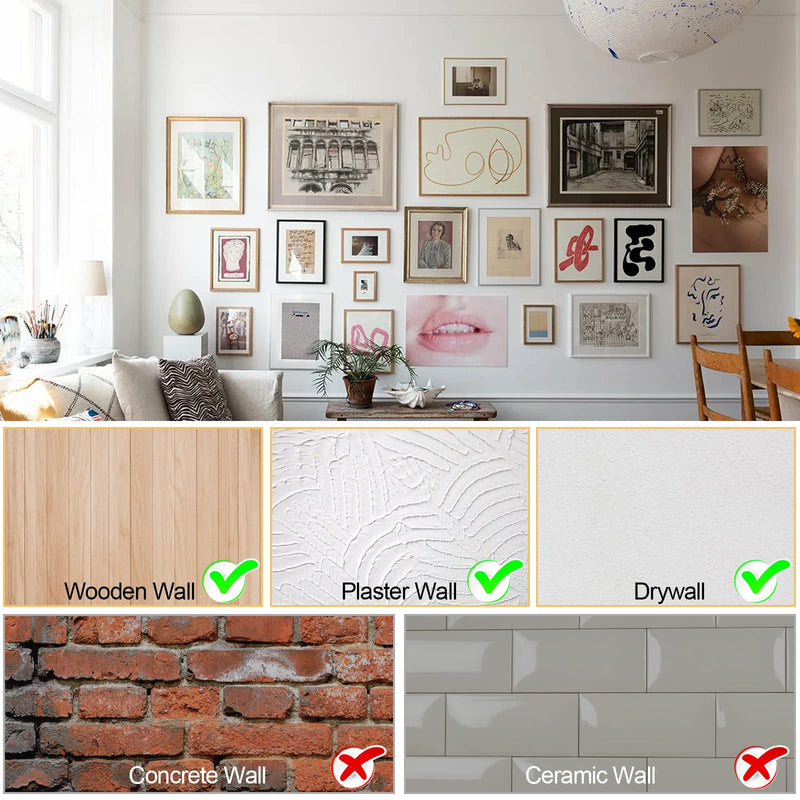 184 Pieces Picture Hanging Kit, 20lb, 30lb, and 50lb Picture Hangers, Metal Picture Hanging Hooks with Nails, on Drywall, Wooden Wall(Gold) 184 Pieces Gold