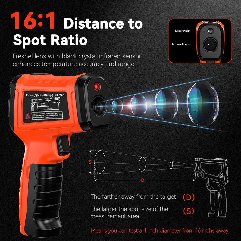 Infrared Thermometer Temperature Gun -58°F to 1796°, 16:1 Non Contact Laser Thermometer Gun with Thermocouple Probe for Humidity, Pizza Oven, Griddle, Ir Temp Gun for Home and Industry Repair orange