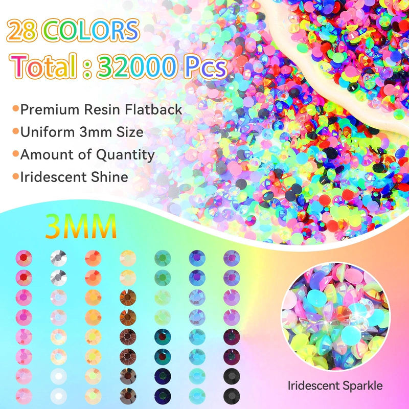 32000Pcs Rhinestones for Bedazzling Kit with Tools, 3mm Flatback Resin Gems for Crafting, Colorful Resin Rhinestones Bedazzler Kit for Clothing Shoes DIY Tumblers & Face Makeup S1