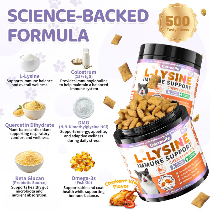 Cat Vitamins & Lysine for Cats, Cat Multivitamin & Immune Support Treats with Taurine, Colostrum, Omega-3 for Skin, Digestion, Respiratory & Daily Wellness, Chicken & Krill Flavor
