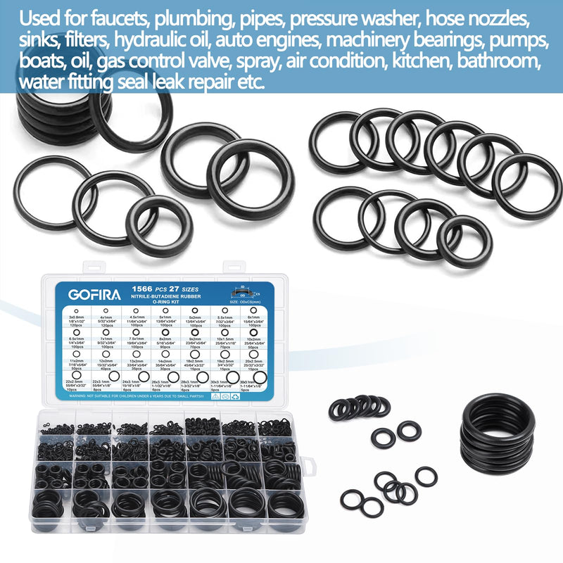 1566Pcs of 27 Varieties of O-Ring Seal Kit in Nitrile Rubber Material for Automotive, Plumbing, Air & Water Fitting Seal Leak Repair