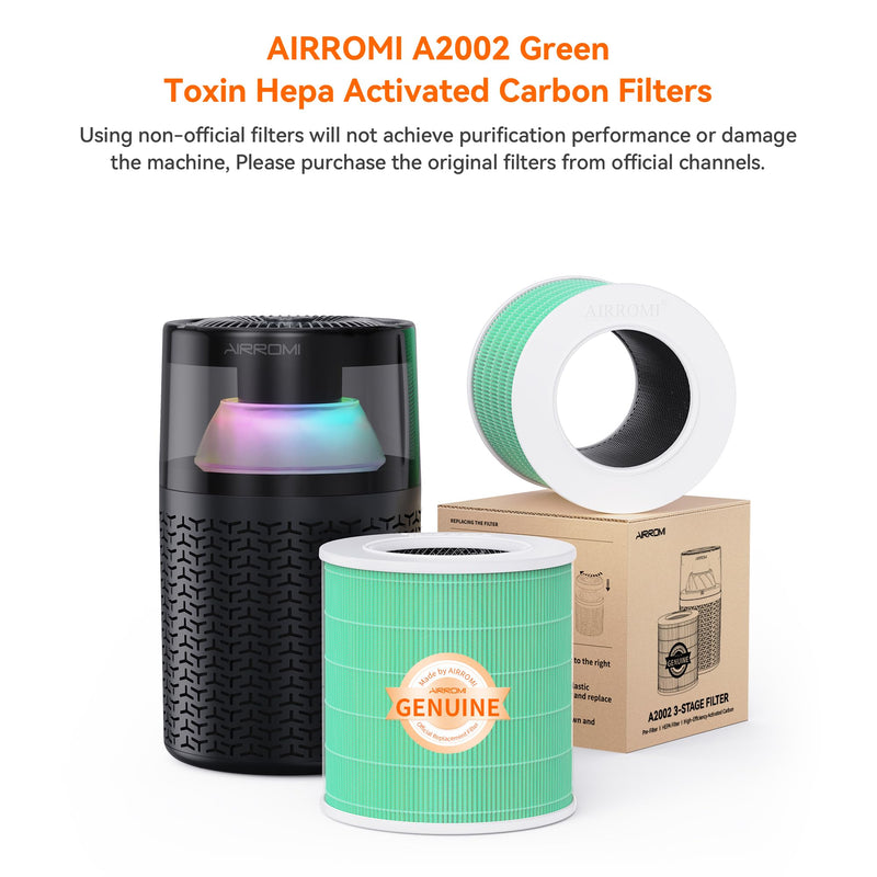 AIRROMI A2002 HEPA Air Purifier Replacement Filter, 3-In-1 Original Filter, Remove 99.97% of 0.3 Micron Particle Green Vocs (1pcs) AIRROMI A2002 Green Toxin Hepa Activated Carbon Filter
