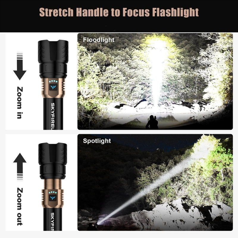 SKYFIRE LED Flashlights High Lumens with Ignition Lens,2000lm Super Bright Rechargeable Flashlight, Zoomable,Four Modes,Waterproof Tactical Flash Light for Camping Essentials,Outdoor and Home,Gift Rechargeable Flashlight-Black & Gold with Ignition Lens