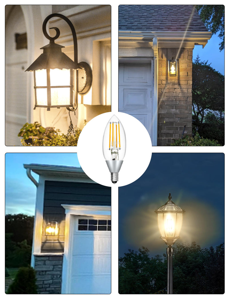 Dusk to Dawn LED Outdoor Light Bulb, Candelabra Light Bulbs Outdoor, 5W Equivalent 40W, 3000K Warm White, 500LM, Edison E12 Base B11, Photocell Sensor for Porch Sconces Patio Garage, 6 Pack