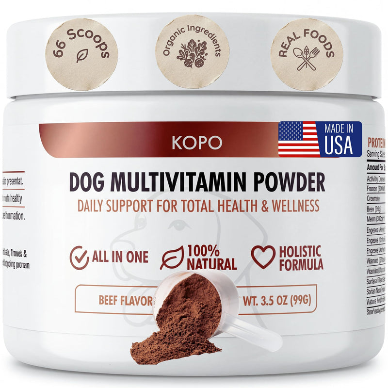 Kopo Dog Multivitamin Powder | Supports Heart, Daily Vitality, Immune Health, Digestion, Skin & Coat and Hip & Joint | for Puppy, Adult & Senior Dogs | Beef Liver Flavor | All Breeds Sizes