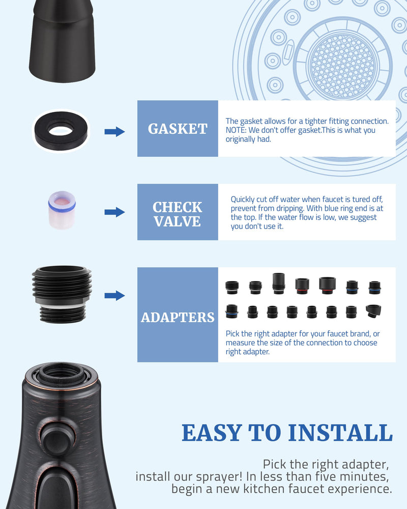 Kitchen Faucet Replacement Spray Head - with 15 Adapters, Pull Down Faucet Sprayer with 3-Function Nozzle, Oil-Rubbed Bronze, Kitchen Sink Faucet Head Replacement Oil Rubbed Bronze