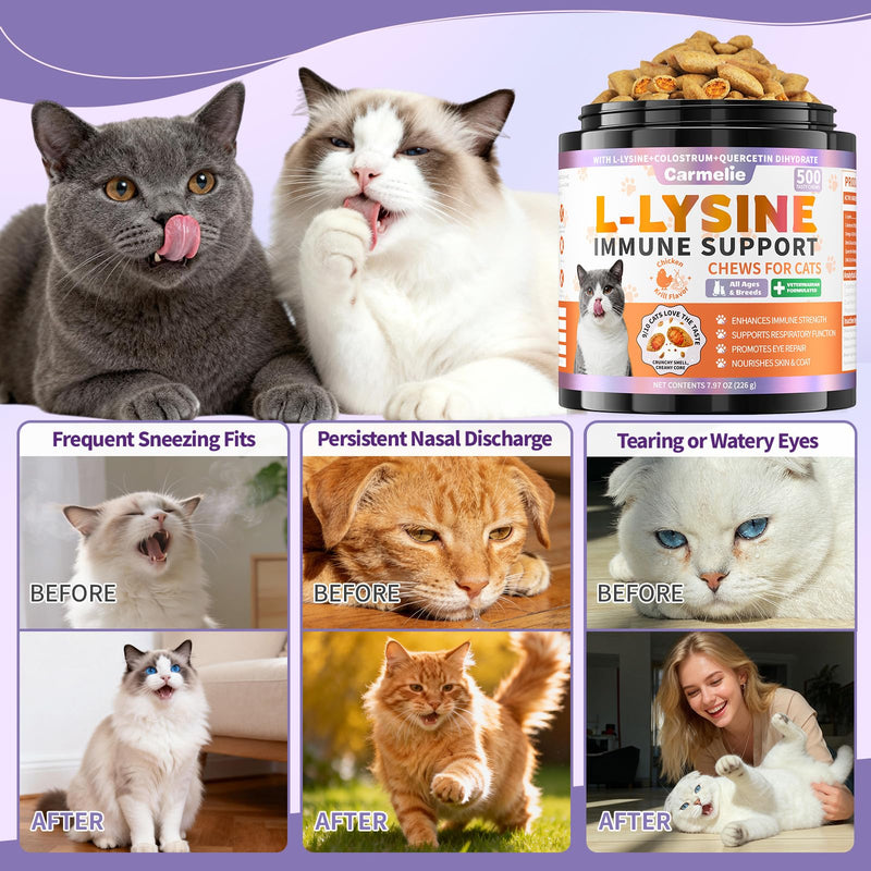 Cat Vitamins & Lysine for Cats, Cat Multivitamin & Immune Support Treats with Taurine, Colostrum, Omega-3 for Skin, Digestion, Respiratory & Daily Wellness, Chicken & Krill Flavor