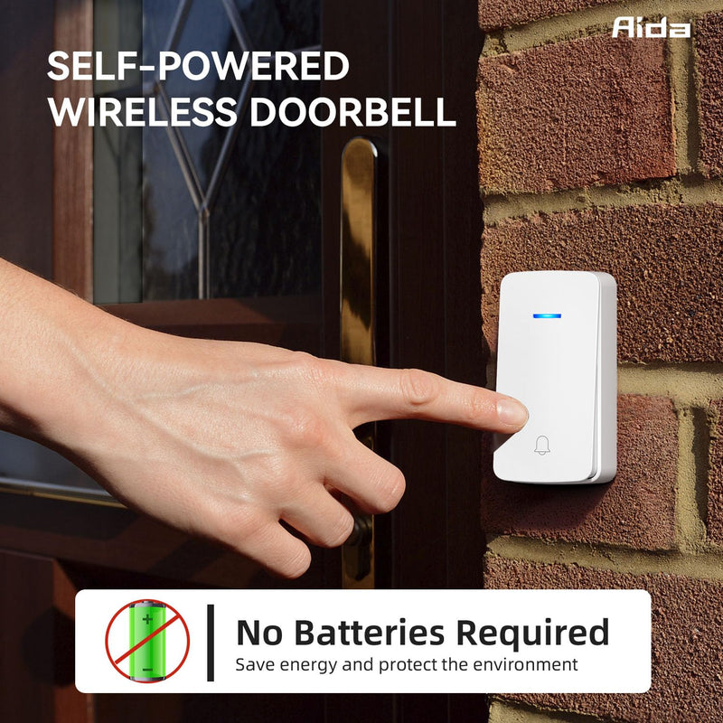 AIDA Wireless Doorbell, Self-powered Doorbell with Extra Socket, No Battery Required Push Button, Cordless Door Bell Ringer, 5 Volume Levels with 32 Doorbell Chimes (White, 1 Button & 1 Receiver) 1 Buttons & 1 Receiver White