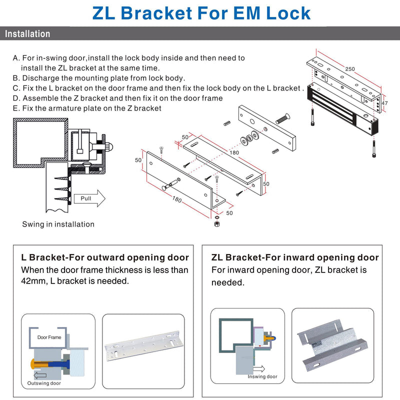 UHPPOTE Z and L Bracket for Inward Door 600-lbs Series Holding Force Electric Magnetic Lock