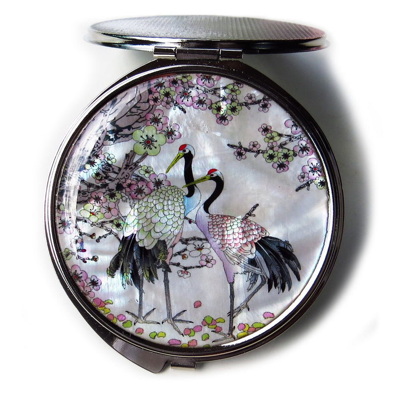 MADDesign Mother of Pearl Compact Mirror Round Double Sided Folding Magnify Crane Design