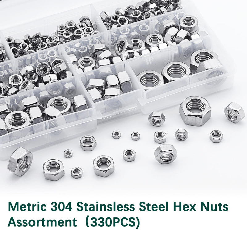 Metric Hex Nuts Assortment Kit, 330 PCS 304 (A2-70) Stainless Steel Assorted Hardware Nuts Sets, 7 Sizes-M3 M4 M5 M6 M8 M10 M12 Metric 330PCS