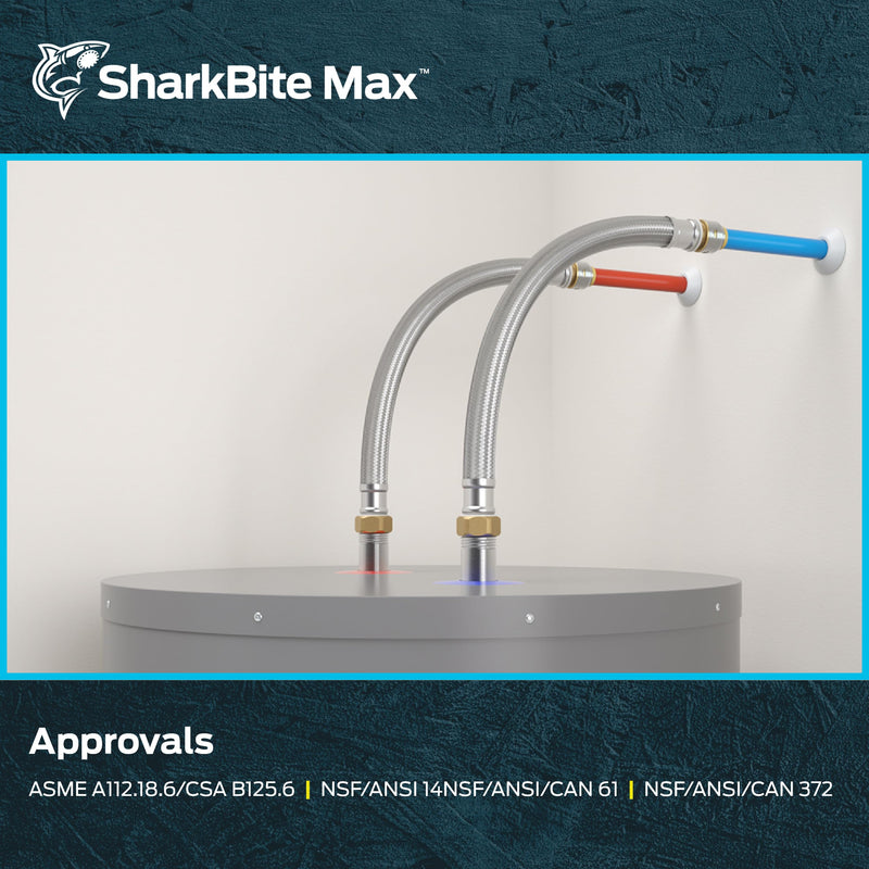 SharkBite Max 1/2 Inch x 3/4 Inch FIP x 18 Inch Stainless Steel Braided Flexible Water Heater Connector, Push to Connect Brass Plumbing Fitting, PEX Pipe, Copper, CPVC, PE-RT, HDPE, UR3068FX18 SharkBite Max 1/2 in. x 3/4 in. FIP x 18 in.