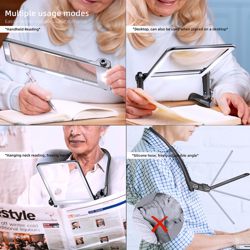 Large Hands-Free Magnifying Glass with 40LED Eye Caring 3 Light & Detachable GooseNeck Bracket, Anti-Glare Lens Magnifier 3X Rechargeable for Read, Craft, Needlework, Knit, Low Vision Senior
