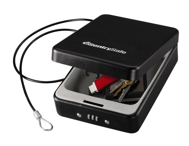SentrySafe Small Safe, Black Lock Box with Combination Lock for Office or Dorm Secures Money, Passport, Jewelry, 0.05 Cubic Feet, Exterior: 2.6 in. H x 5.9 in. W x 8.0 in. D, ‎P005C Combo Lock