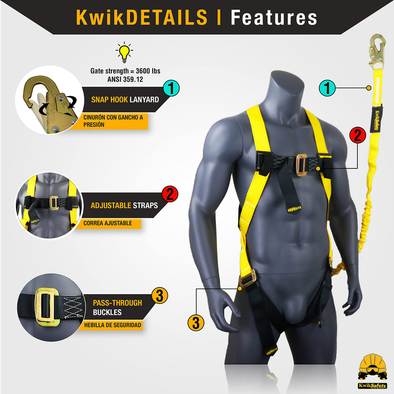 KwikSafety - Charlotte, NC - SCORPION Fall Protection Safety Harness [w/Attached 6 ft Lanyard] Construction ANSI Tested OSHA Standard 2.) Standard Safety Harness
