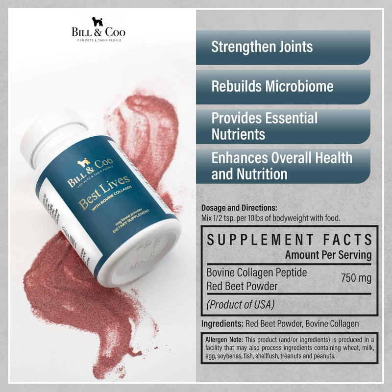 BILL & COO Best Lives Fiber Supplement with Bovine Collagen Peptides & Beetroot Powder for Dogs - Promotes Digestive, Heart and Liver Support - Dog Joints Supplement Formula - 90g