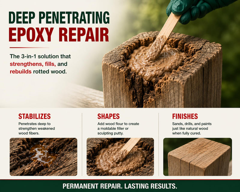 Re-Rot Wood Rot Repair Kit, 48 oz Penetrating Epoxy with Wood Flour Filler & Tools 48 Ounce