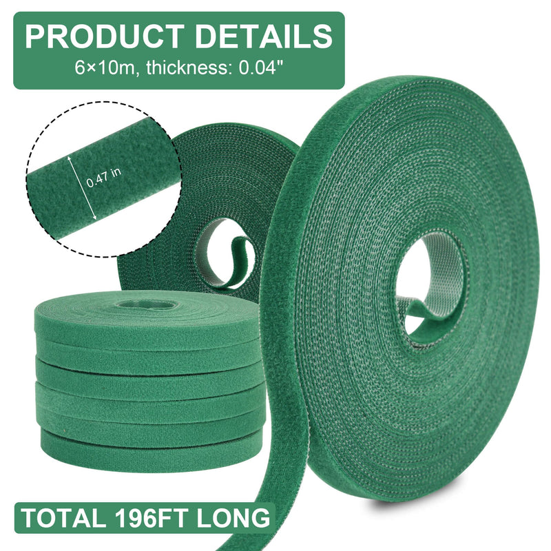 Plant Tape for Climbing Plants - 6 Rolls, 196 Feet x 1/2 Inch, Reusable Adjustable Green Garden Tape for Plants, Soft Plant Ties for Outdoor Indoor Plants