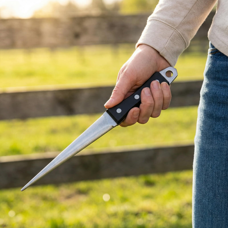 Hoof Knife Sharpening Rod - 10” Professional Honing Steel for Farrier & Farm Knives with Ergonomic Solid Wood Handle & Protective Sheath