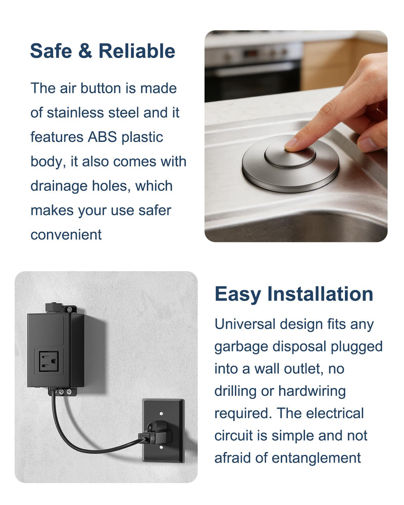 WUKUR Garbage Disposal Air Switch Kit for InSinkErator Garbage Disposal Sink Top Garbage Disposal Button Stainless Steel Brushed Nickel On/Off Air Button, Design for All Garbage Disposals