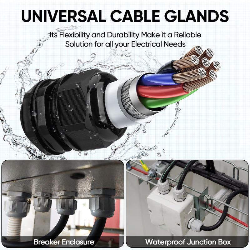 TICONN 20 Pcs IP68 Waterproof Cable Gland Kit Nylon NPT Adjustable Cable Connectors Assortment 1/4” 3/8” 1/2” 3/4” 1“ for Waterproof Junction Box Wire Pannel (Black, 20 Pcs) Black