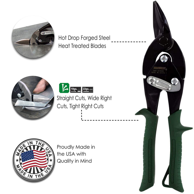MIDWEST Blackout Series Aviation Snip - Right Cut Regular Tin Cutting Shears with Forged Blade & KUSH'N-POWER Comfort Grips - MWT-6716RO