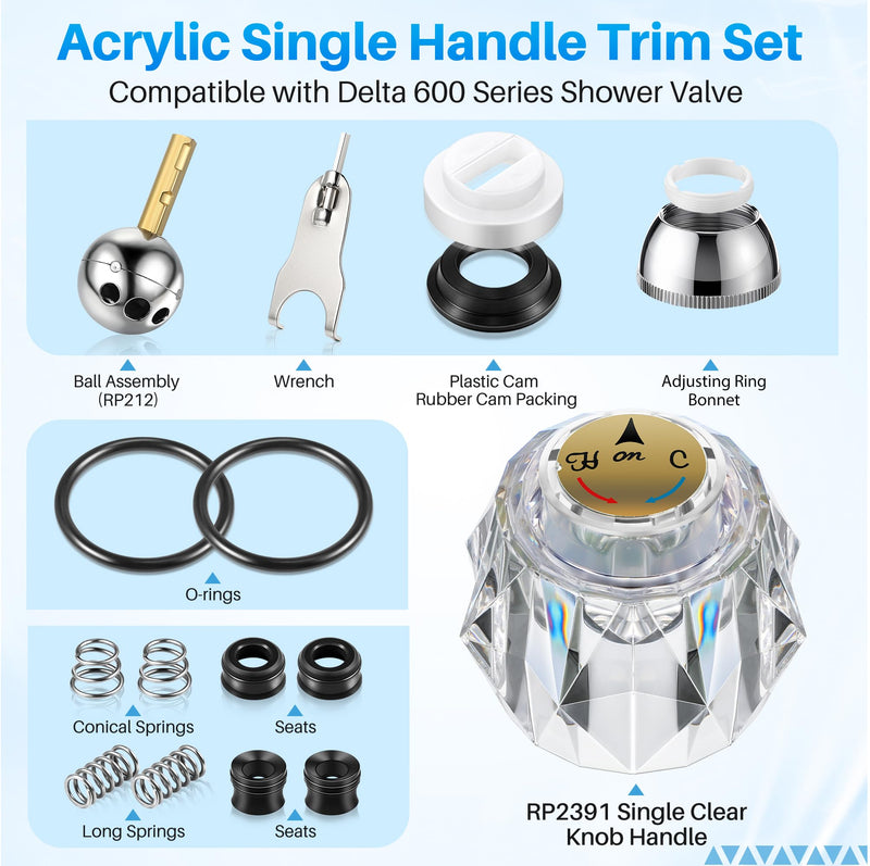 Acrylic Single Handle Trim Set, Complete Faucet Repair Kit Replacement Compatible with Delta 600 Series Shower Valve, Compatible with RP212 Stainless Steel Ball Valves and Clear Knob