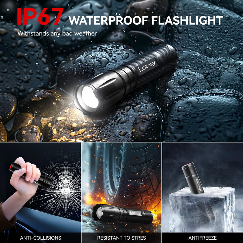 LETMY Tactical Flashlight S2000-2 Pack Bright Military Grade LED Flashlights High Lumens - Portable Handheld Flash Light, 5 Modes Zoomable Waterproof Flashlights for Home Emergency Camping Outdoor Black 2 PACK