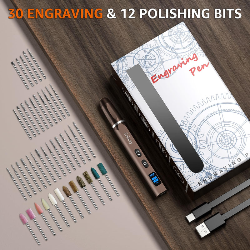 Gekeey Electric Engraving Pen, Cordless Rechargeable Mini Rotary Tool with 42 Bits, Aluminum Body, Variable Speed, Portable Engraver Pen for Metal Wood Glass and Plastic, Brown