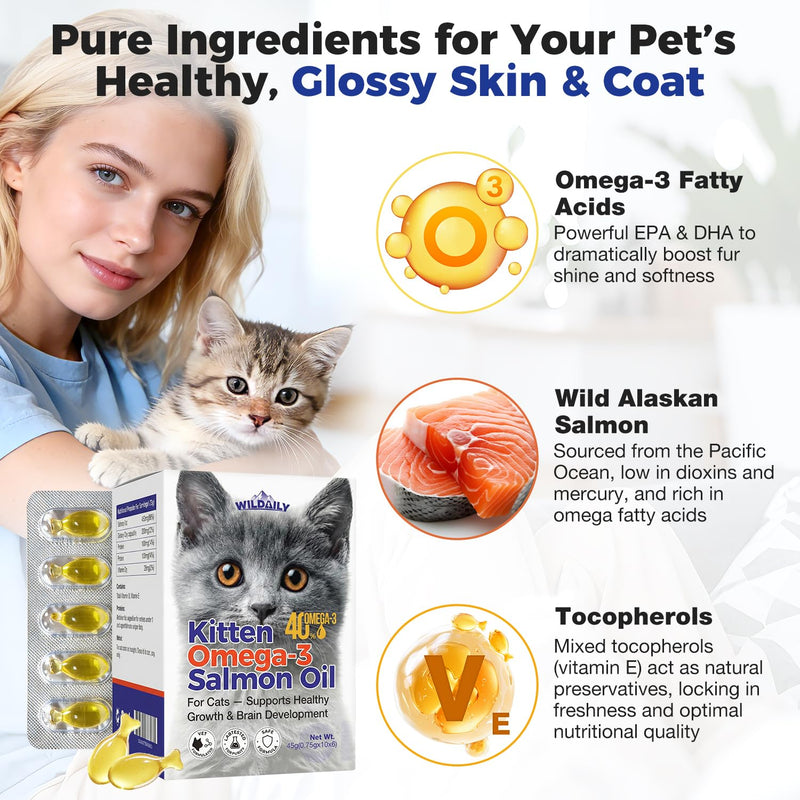 High DHA Omega 3 Fish Oil for Cats(60 Ct), Wild Salmon Oil, Brain, Vision & Immune Support, Easy-to-Twist-Off Softgel, Salmon Flavor for Healthy Skin & Coat