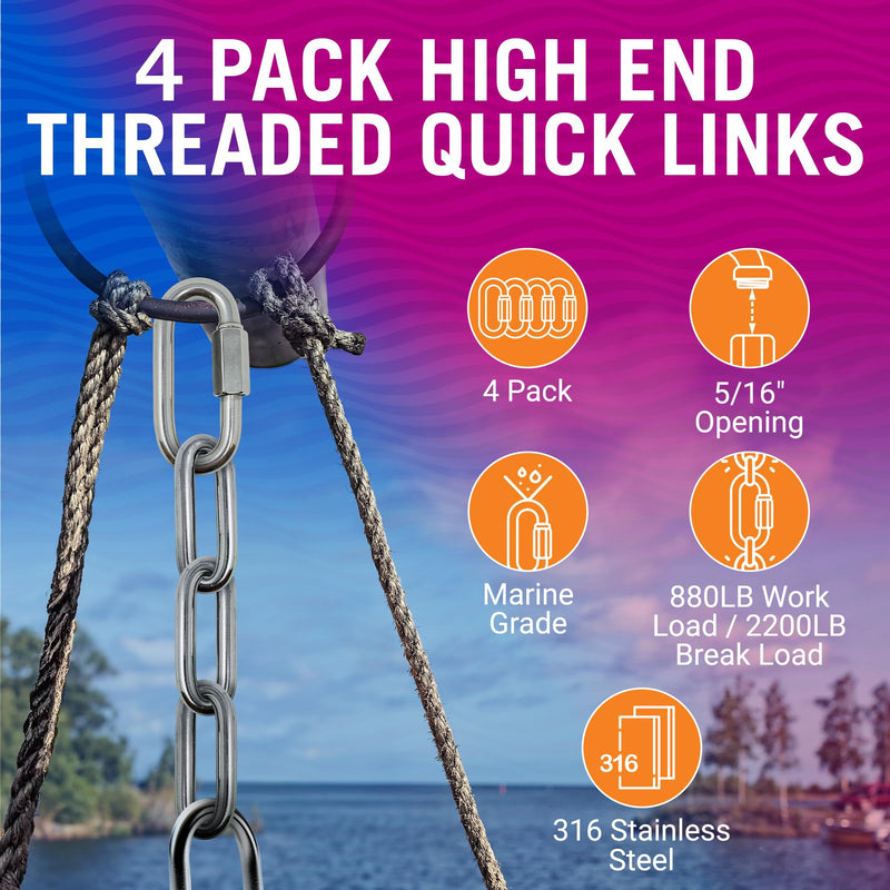 316 Stainless Steel Locking Chain Link, Threaded Quick Link Chain Connector Clips, Heavy Duty D Shape Quicklinks, 1/2", 3/8", 5/16", 1/4" Small Sizes, Marine Grade, 4 Pack Safety Links 1/4" 1/4 "
