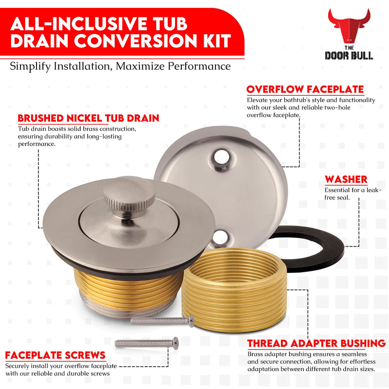 All-Brass Lift and Turn Bathtub Drain Kit – Includes Universal Fine/Coarse Thread Stopper & Two-Hole Overflow Faceplate – Complete Tub Drain Trim Set (Brushed Nickel) Brushed Nickel