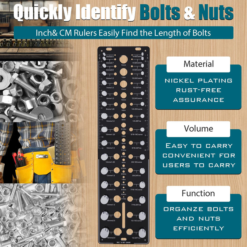 Thread Checker, 32 Nut and Bolt Thread Checker, Bolt Size and Thread Gauge 16Standard & 16 Metric, Bolt Size Finder, Wall-Mountable Bolt Thread Identifier Gauge with Inch & CM Ruler