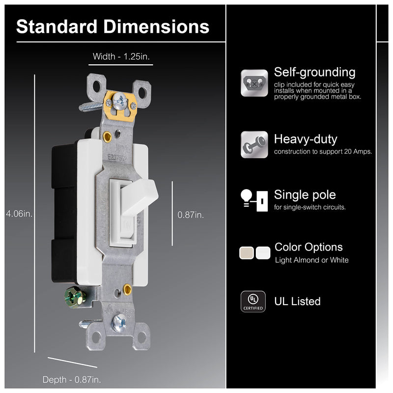 GE Heavy-Duty, Single Pole, In-Wall, Light, Fan, One Switch Circuits, Self-grounding Clip, Easy to Install, 20A/120V AC, UL Listed, White, 42160 1 Pack Heavy Duty