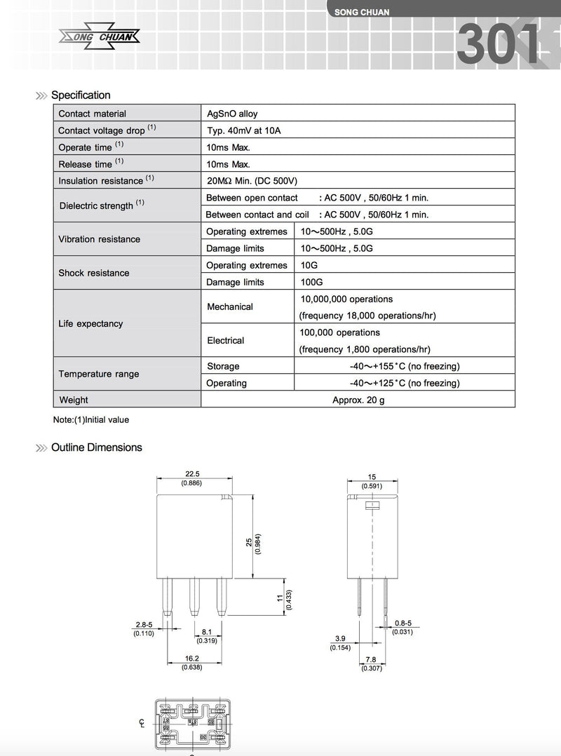Song Chuan Automotive Relays SPDT 35A 12VDC (Pack of 2) 301-1C-C-R1-U01-12VDC
