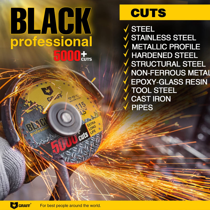 GRAFF Black Cut Off Wheels 4 1/2 Inch - Diamond Metal Cutting Disc for Angle Grinder 4.5 Inch - 60x Longer Wheel Life Ø 115 mm (4 ½ Inch) - GRAFF Black