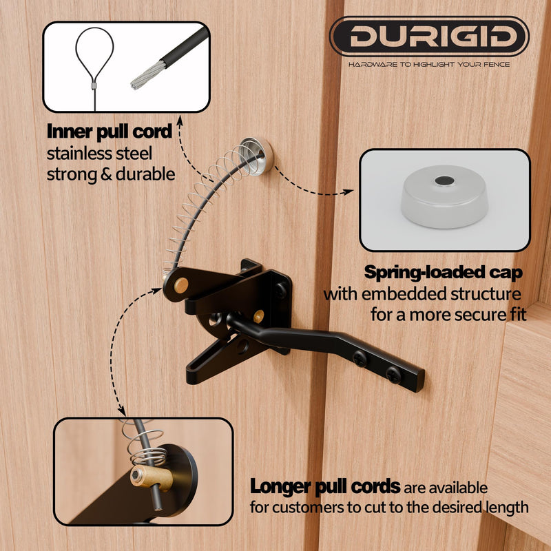 Spring Loaded Gate Latch Pull String Fence Gate Latch, Fingertip Release Self Latching Gate Latches, Small Gate Latch for Wooden Fence, Vinyl Door, Aluminum Gate, 1 Pack, Black