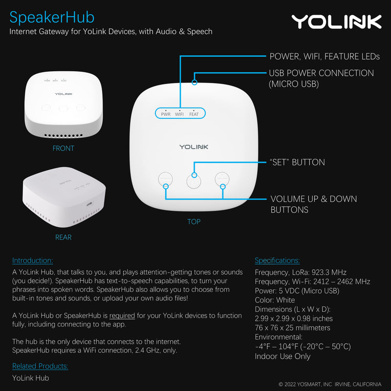 YoLink SpeakerHub & Two Motion Sensor Smart Home and Security Kit – Audio Hub Plays Tones/Sounds, Spoken Messages, LoRa-Powered ¼ Mile Range, WiFi Required Indoor IPR, 2-Pack