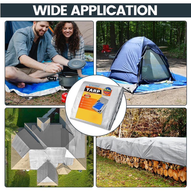 TICONN Heavy Duty Tarp Cover, Extra Thick Tarps Waterproof Tear and Rip Proof UV Resistant Tarpaulin with Reinforced Grommets and Edges (5.5 Mil, 6'x8') 5.5 Mil PE 6'x8'