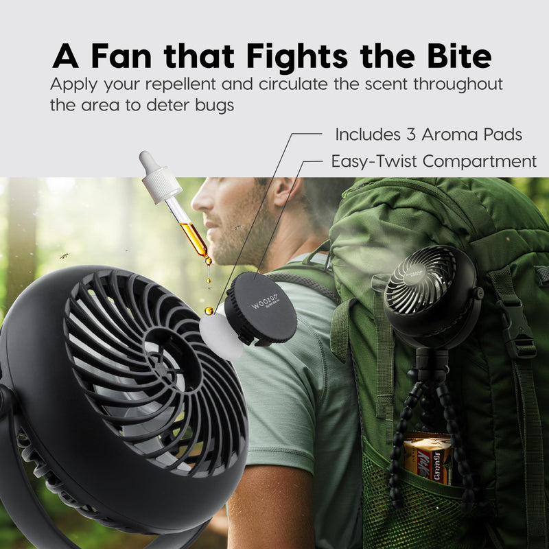 IRIS USA WOOZOO 3.5" Cordless Portable Personal Fan with Flexible Tripod Stand, 10-Hour Runtime, 360° Tilt, 3 Speeds, LED Light, Mosquito Repellent Tray, USB-C Charging, for Indoor/Outdoor Use, Black