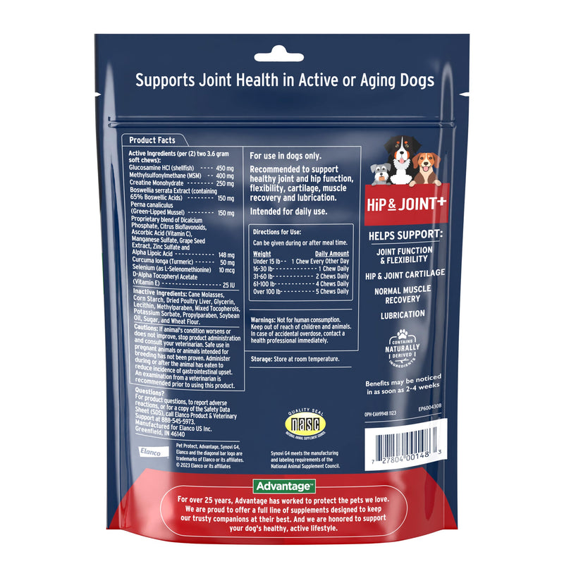 Pet Protect Dog Hip & Joint+ Supplement for Active & Aging Dogs, Vet-Formulated Synovi G4, Dog Glucosamine, Chicken-Flavored Soft Chews (120 Count) 120 Chews