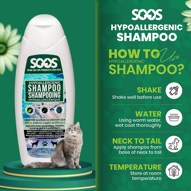 Soos Pet Dog Shampoo for Cats and Pets Hypoaller-genic Natural Dead Sea Minerals Fast Absorbing with Vitamins Essential Oils Natural Elements Antiba-cterial - 1x Pet Shampoo (500ml) - PawsPlanet Australia