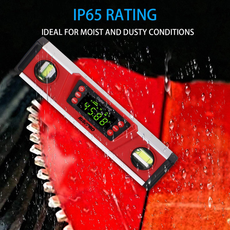 10-Inch Digital Torpedo Level and Protractor IP54 Protected Electronic Bubble Inclinometer, Angle Finder, Gauge w/Large VA Display & V-Groove Base DL135N Red