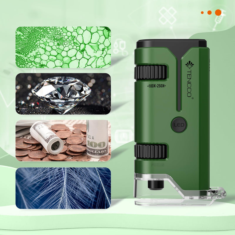 100x-250x Mini Pocket Microscope for Kids Adults, Protable Handheld Microscope with 5 Microscope Slides, Phone Adapter, Miniscope Portable Microscope Kit for Kids Adults Science Lab Education, Green
